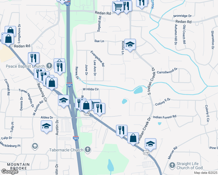 map of restaurants, bars, coffee shops, grocery stores, and more near 3990 West Hilda Circle in Decatur