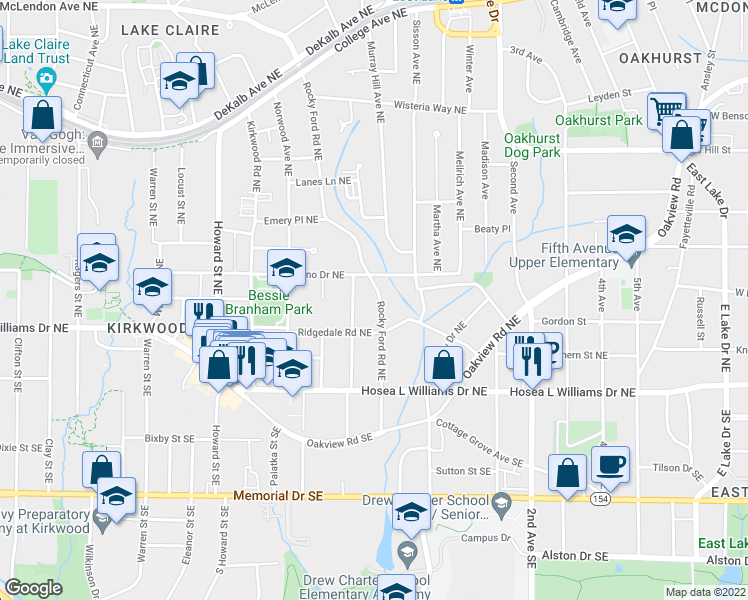 map of restaurants, bars, coffee shops, grocery stores, and more near 92 Rockyford Road Northeast in Atlanta