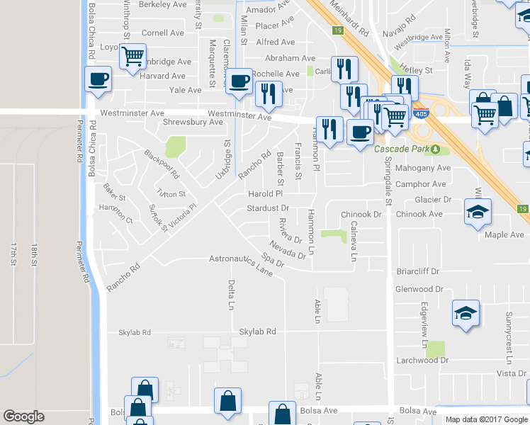 map of restaurants, bars, coffee shops, grocery stores, and more near 5562 Stardust Drive in Huntington Beach