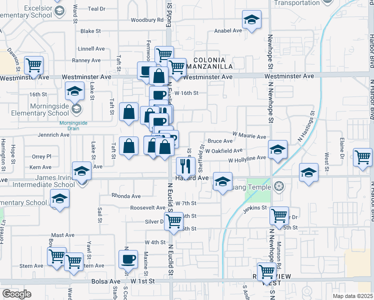 map of restaurants, bars, coffee shops, grocery stores, and more near 5102 West Oakfield Avenue in Santa Ana