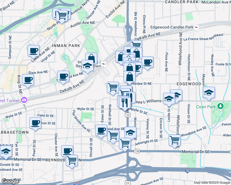 map of restaurants, bars, coffee shops, grocery stores, and more near 1117 Hawthorne Street Northeast in Atlanta