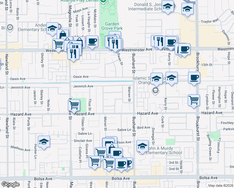 map of restaurants, bars, coffee shops, grocery stores, and more near 9362 McClure Avenue in Westminster