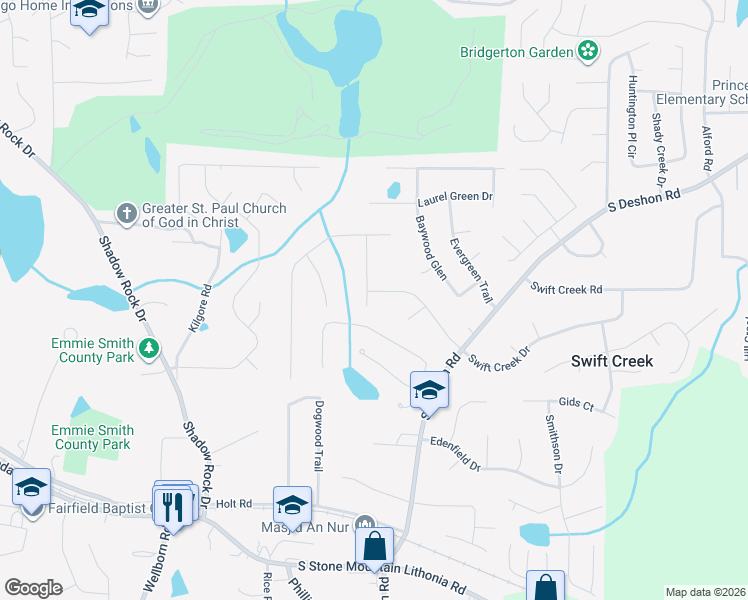 map of restaurants, bars, coffee shops, grocery stores, and more near 6265 Saddlewood Drive in Lithonia