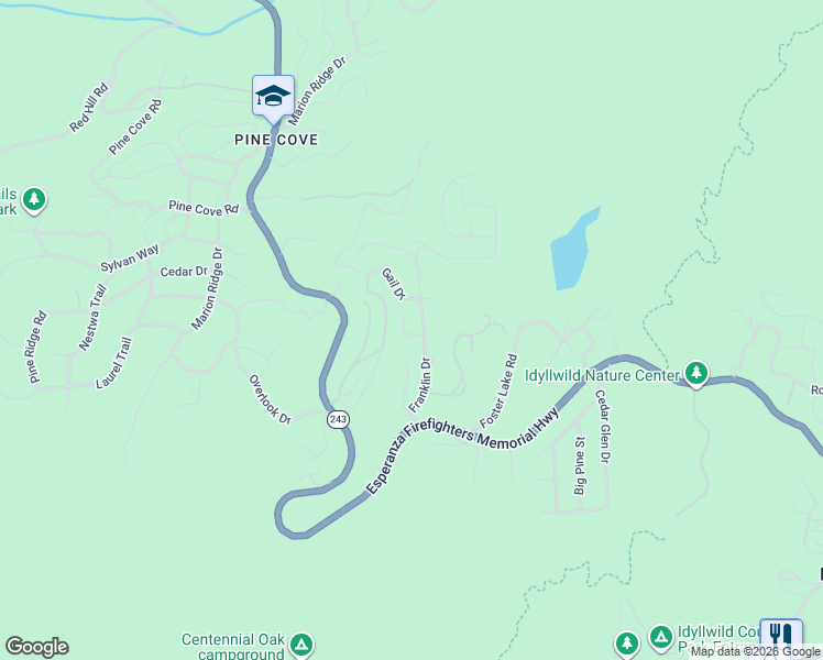 map of restaurants, bars, coffee shops, grocery stores, and more near 53274 Forest Lake Drive in Idyllwild-Pine Cove