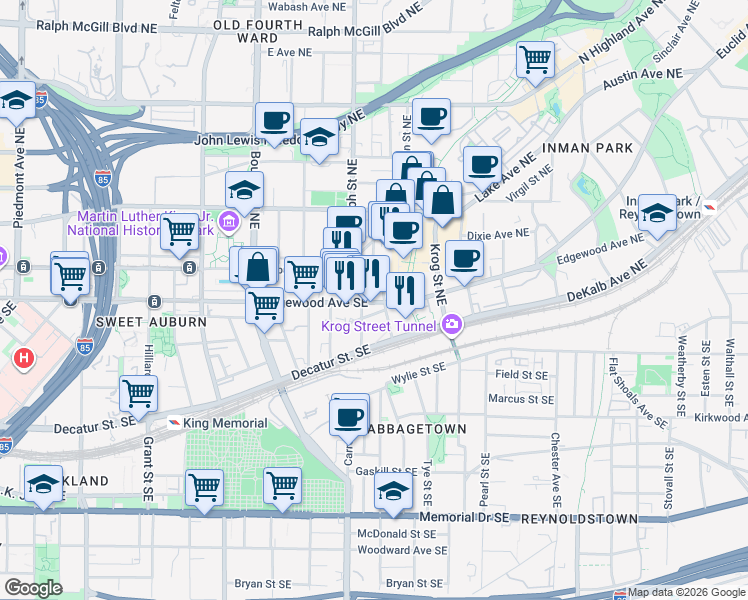 map of restaurants, bars, coffee shops, grocery stores, and more near in Atlanta