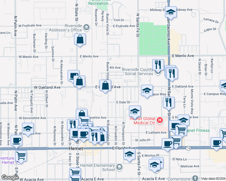 map of restaurants, bars, coffee shops, grocery stores, and more near 461 North Franklin Street in Hemet
