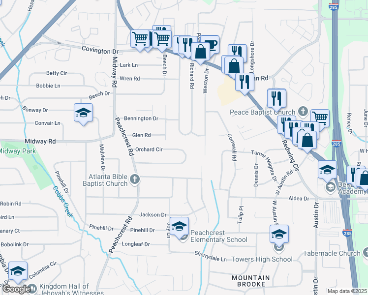 map of restaurants, bars, coffee shops, grocery stores, and more near 3520 Orchard Circle in Decatur