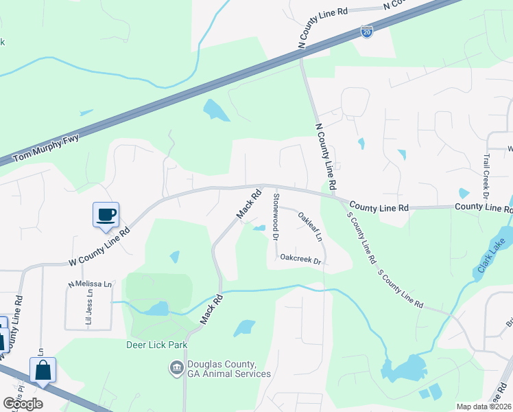 map of restaurants, bars, coffee shops, grocery stores, and more near 1870 Mack Road in Douglasville