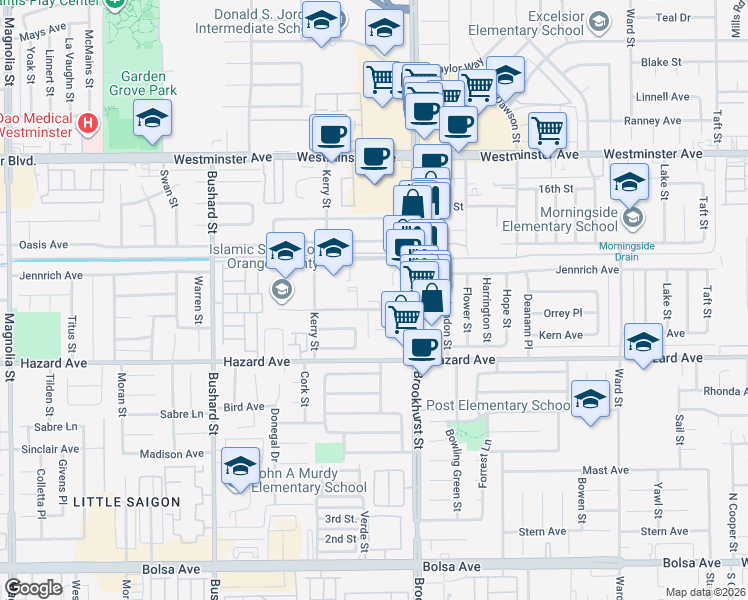 map of restaurants, bars, coffee shops, grocery stores, and more near 9841 11th Street in Garden Grove