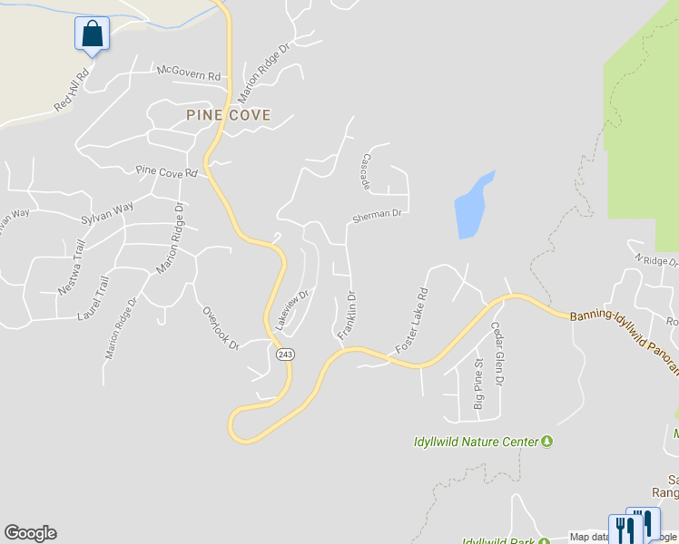map of restaurants, bars, coffee shops, grocery stores, and more near 53274 Forest Lake Drive in Idyllwild-Pine Cove