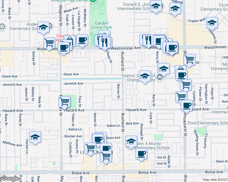 map of restaurants, bars, coffee shops, grocery stores, and more near 14352 Bonnema Street in Westminster