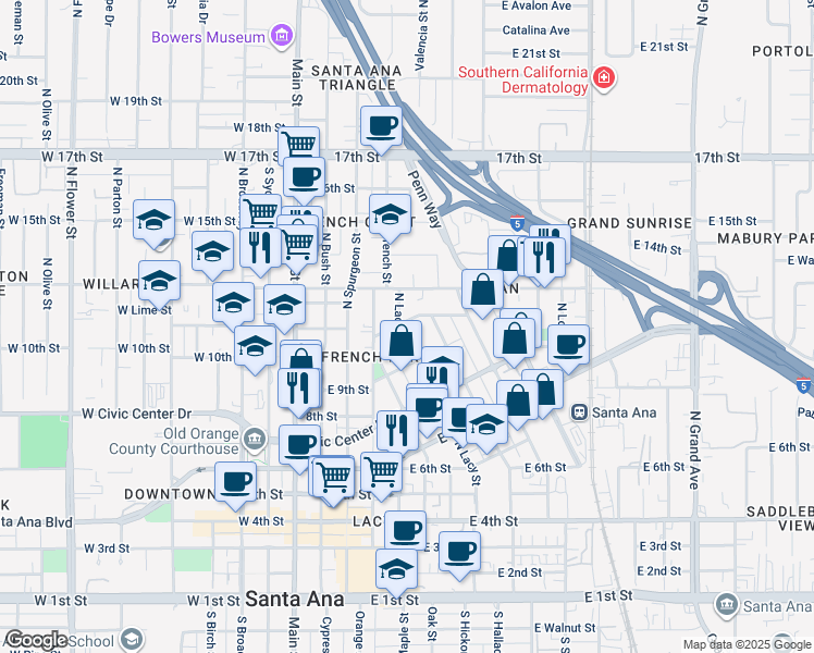 map of restaurants, bars, coffee shops, grocery stores, and more near 502 East Wellington Avenue in Santa Ana