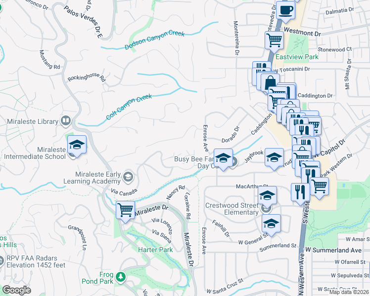 map of restaurants, bars, coffee shops, grocery stores, and more near 2213 Via Velardo in Rancho Palos Verdes
