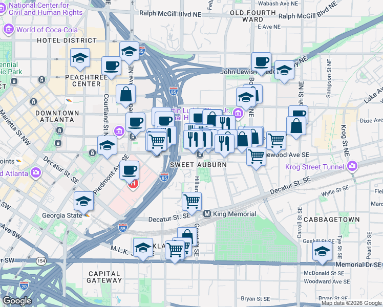 map of restaurants, bars, coffee shops, grocery stores, and more near Edgewood Avenue Southeast in Atlanta