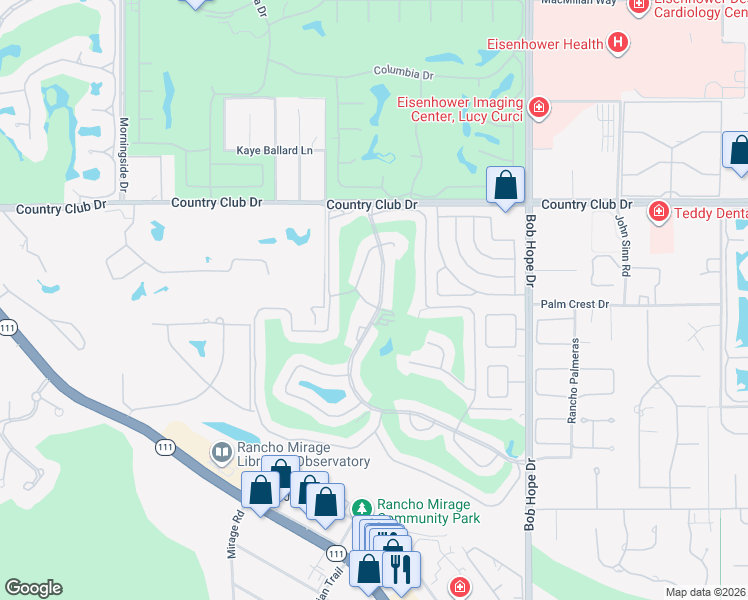 map of restaurants, bars, coffee shops, grocery stores, and more near 4 Valencia Drive in Rancho Mirage