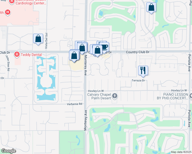 map of restaurants, bars, coffee shops, grocery stores, and more near 40440 Periwinkle Court in Palm Desert