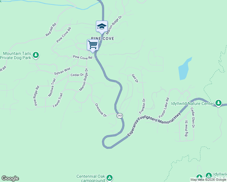 map of restaurants, bars, coffee shops, grocery stores, and more near 53297 Big Rock Drive in Idyllwild-Pine Cove