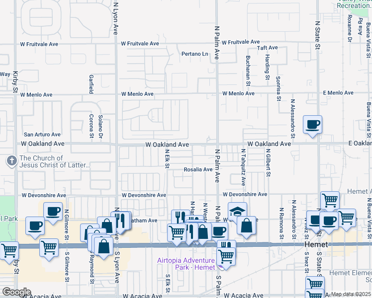 map of restaurants, bars, coffee shops, grocery stores, and more near 1175 West Oakland Avenue in Hemet