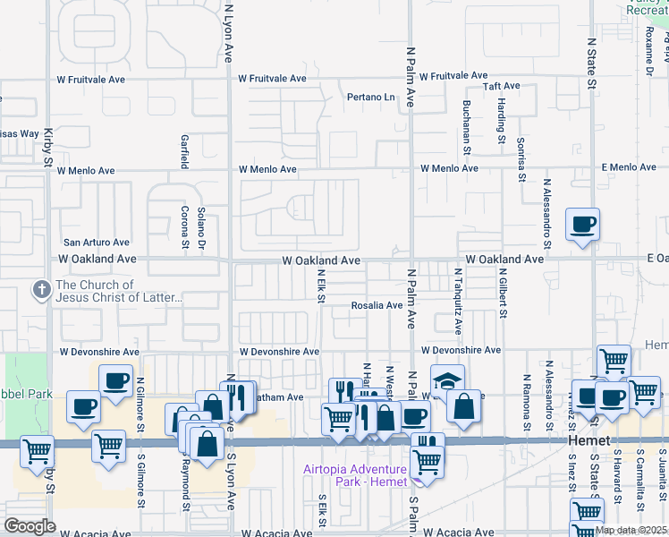 map of restaurants, bars, coffee shops, grocery stores, and more near 1175 West Oakland Avenue in Hemet