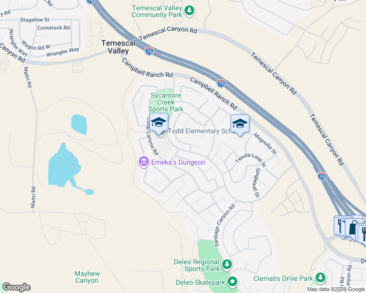 map of restaurants, bars, coffee shops, grocery stores, and more near 25111 Cliffrose Street in Corona
