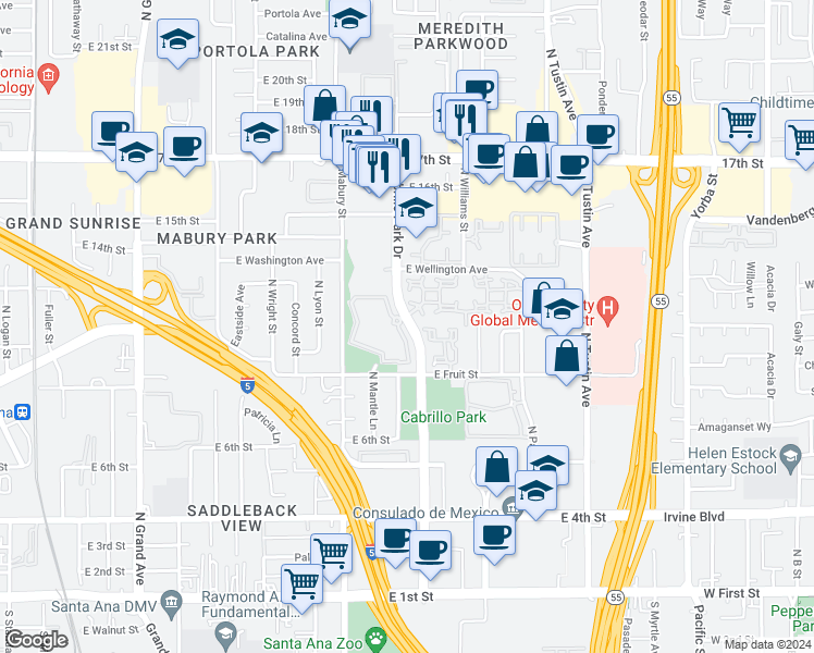 map of restaurants, bars, coffee shops, grocery stores, and more near 1008 Cabrillo Park Drive in Santa Ana