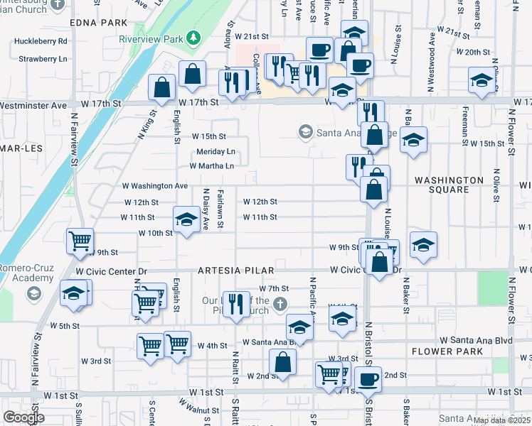 map of restaurants, bars, coffee shops, grocery stores, and more near 1623 West 11th Street in Santa Ana