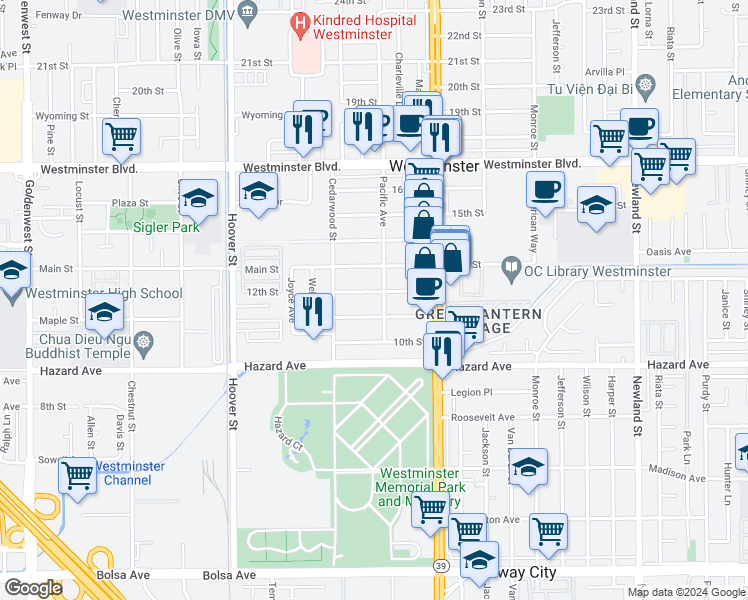 map of restaurants, bars, coffee shops, grocery stores, and more near 7782 12th Street in Westminster