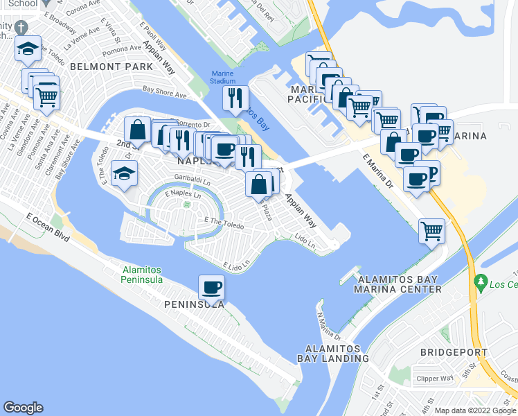 map of restaurants, bars, coffee shops, grocery stores, and more near in Long Beach