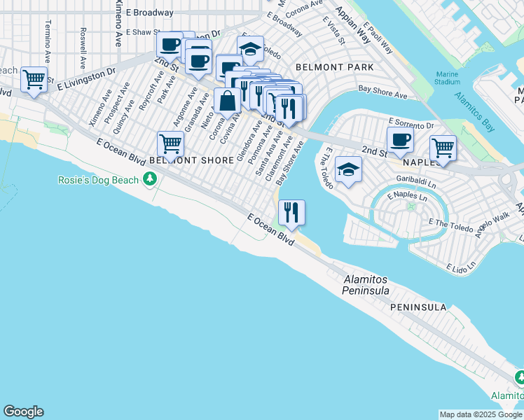 map of restaurants, bars, coffee shops, grocery stores, and more near 30 Bay Shore Avenue in Long Beach