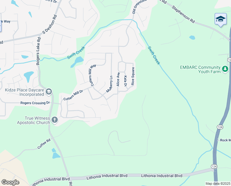 map of restaurants, bars, coffee shops, grocery stores, and more near 1439 Alice Avenue in Lithonia