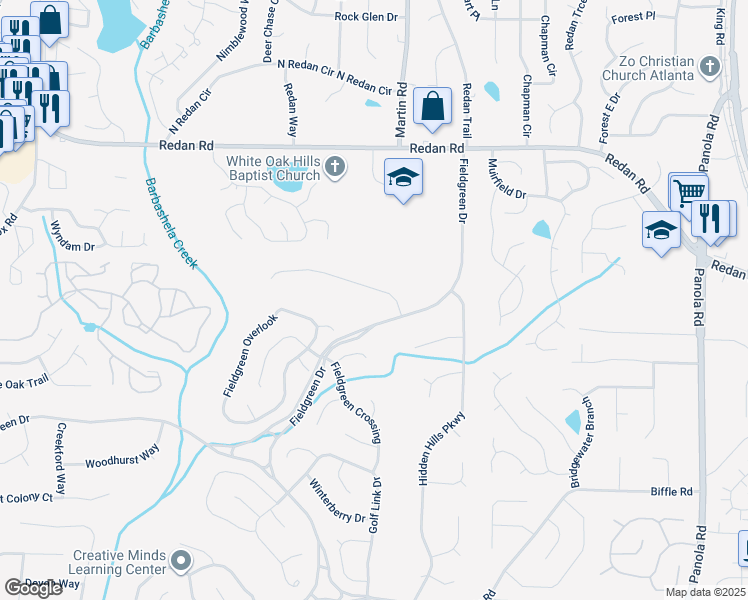 map of restaurants, bars, coffee shops, grocery stores, and more near 5107 Golfbrook Drive in Stone Mountain
