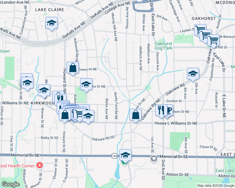 map of restaurants, bars, coffee shops, grocery stores, and more near 93 Rockyford Road Northeast in Atlanta