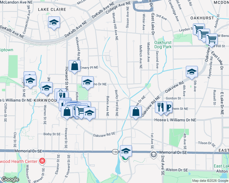 map of restaurants, bars, coffee shops, grocery stores, and more near 92 Rockyford Road Northeast in Atlanta