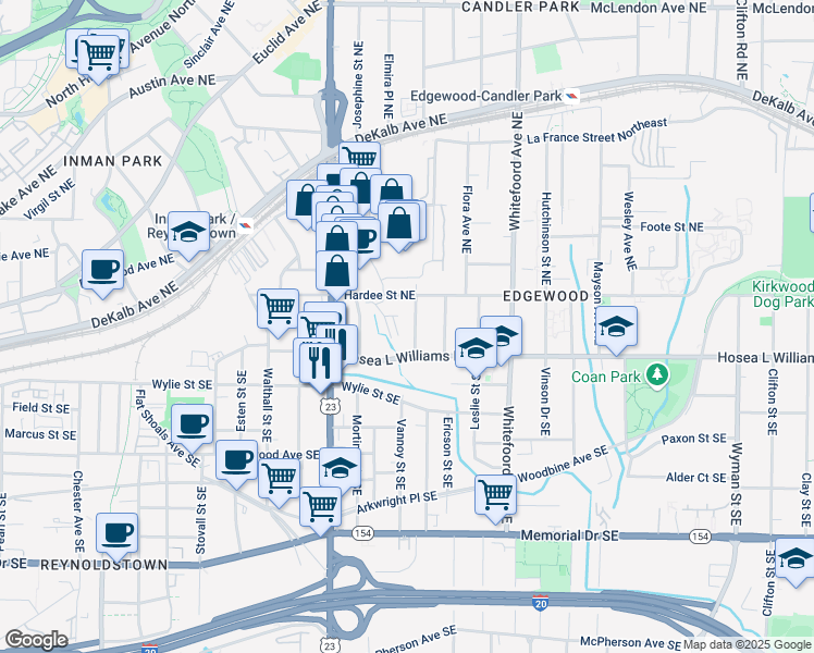 map of restaurants, bars, coffee shops, grocery stores, and more near 34 Sanderson Street Northeast in Atlanta