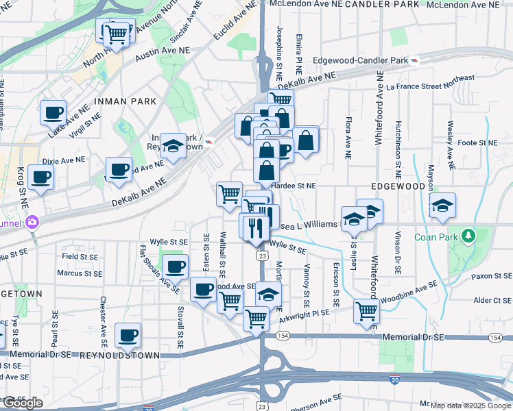 map of restaurants, bars, coffee shops, grocery stores, and more near 36 Moreland Avenue Northeast in Atlanta