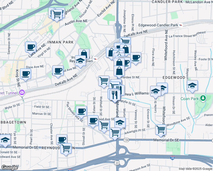 map of restaurants, bars, coffee shops, grocery stores, and more near 1117 Hawthorne Street Northeast in Atlanta