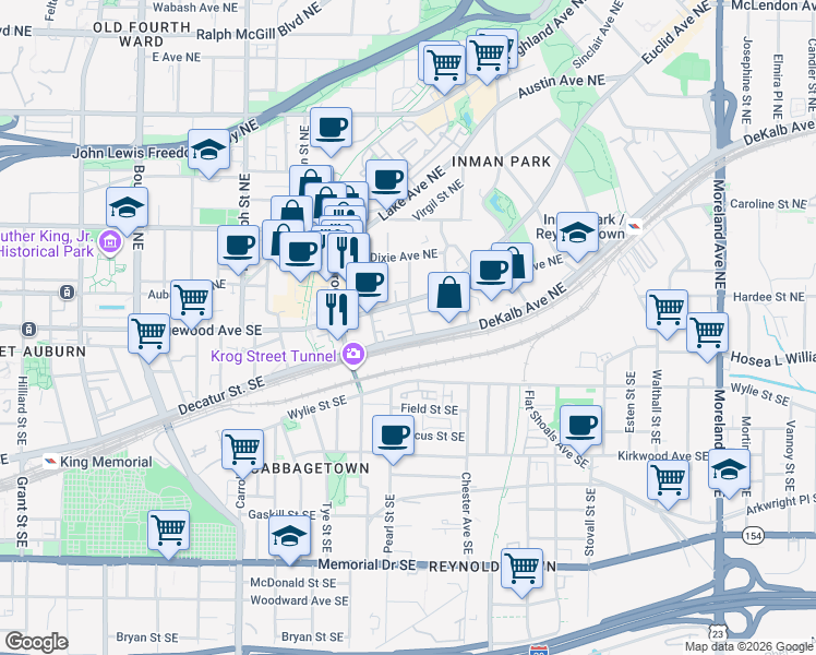 map of restaurants, bars, coffee shops, grocery stores, and more near 798 Inman Mews Drive Northeast in Atlanta