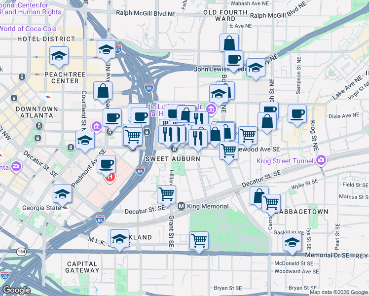 map of restaurants, bars, coffee shops, grocery stores, and more near 384 T Edgewood Avenue Southeast in Atlanta