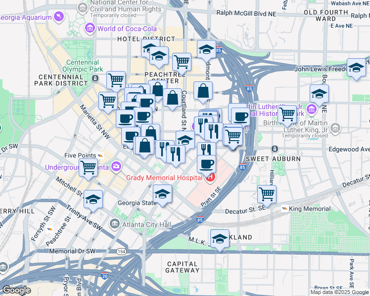 map of restaurants, bars, coffee shops, grocery stores, and more near 124 Edgewood Avenue Northeast in Atlanta
