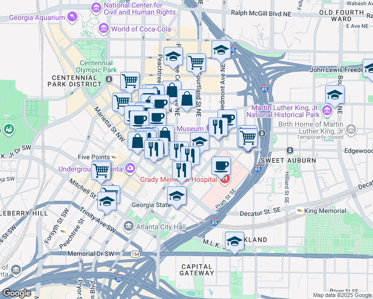 map of restaurants, bars, coffee shops, grocery stores, and more near 106 Edgewood Avenue Northeast in Atlanta