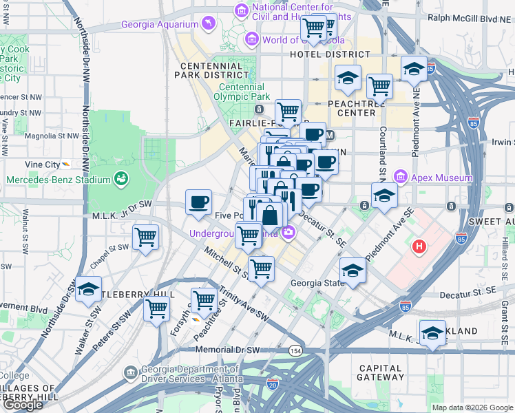 map of restaurants, bars, coffee shops, grocery stores, and more near 12-j Broad Street Southwest in Atlanta
