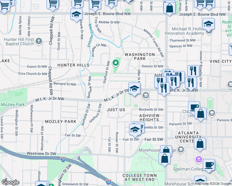 map of restaurants, bars, coffee shops, grocery stores, and more near 1115 Martin Luther King Junior Drive Northwest in Atlanta