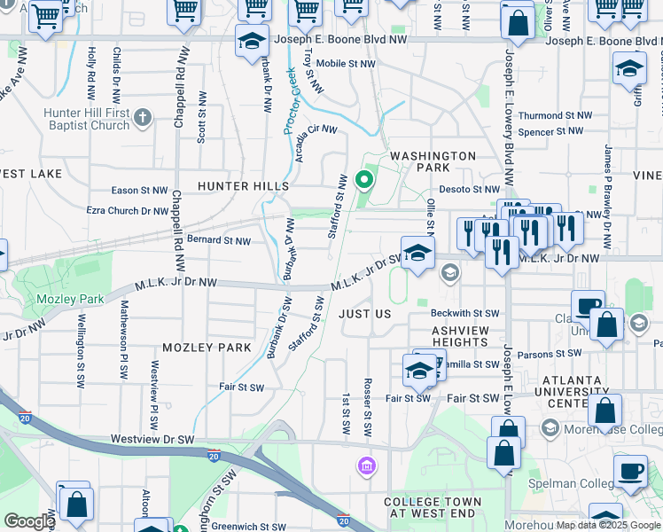 map of restaurants, bars, coffee shops, grocery stores, and more near 11 Stafford Street Southwest in Atlanta