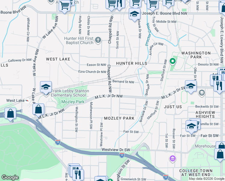 map of restaurants, bars, coffee shops, grocery stores, and more near 24 Chappell Road Northwest in Atlanta