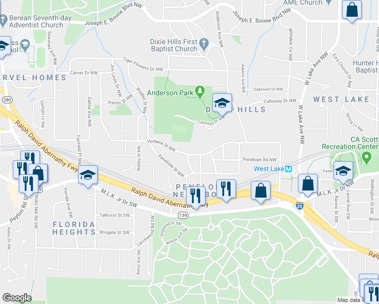 map of restaurants, bars, coffee shops, grocery stores, and more near 2045 Verbena Street Northwest in Atlanta
