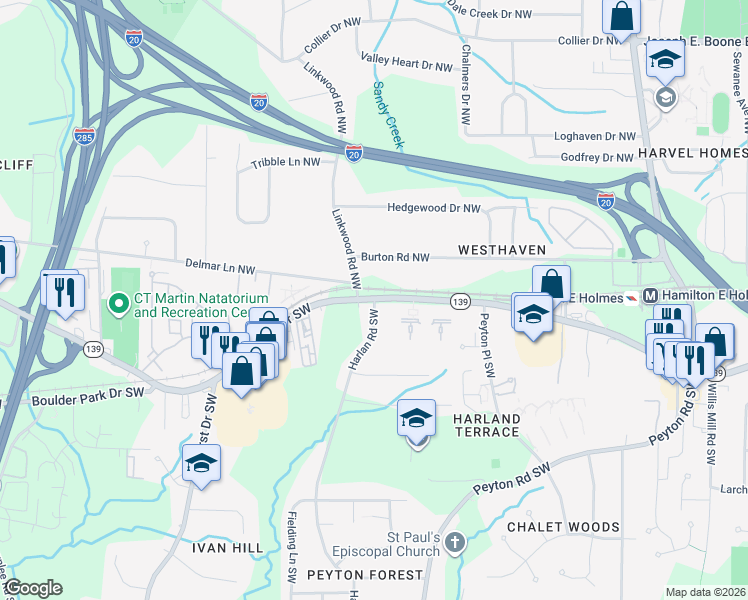 map of restaurants, bars, coffee shops, grocery stores, and more near 0 Harlan Rd SW in Atlanta
