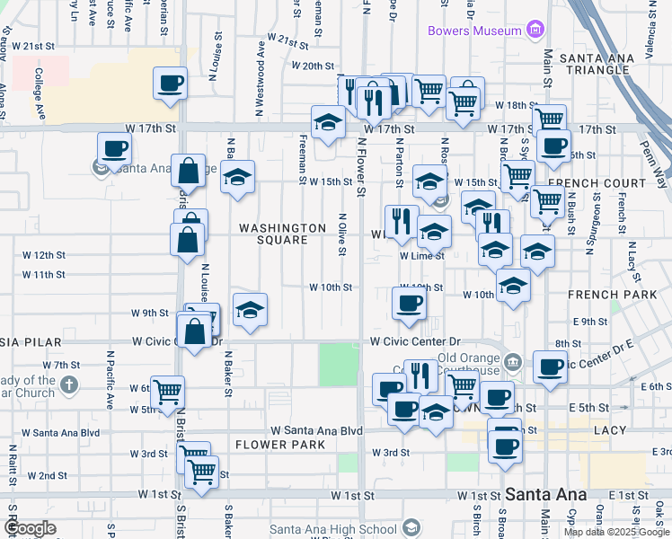 map of restaurants, bars, coffee shops, grocery stores, and more near 1020 North Olive Street in Santa Ana