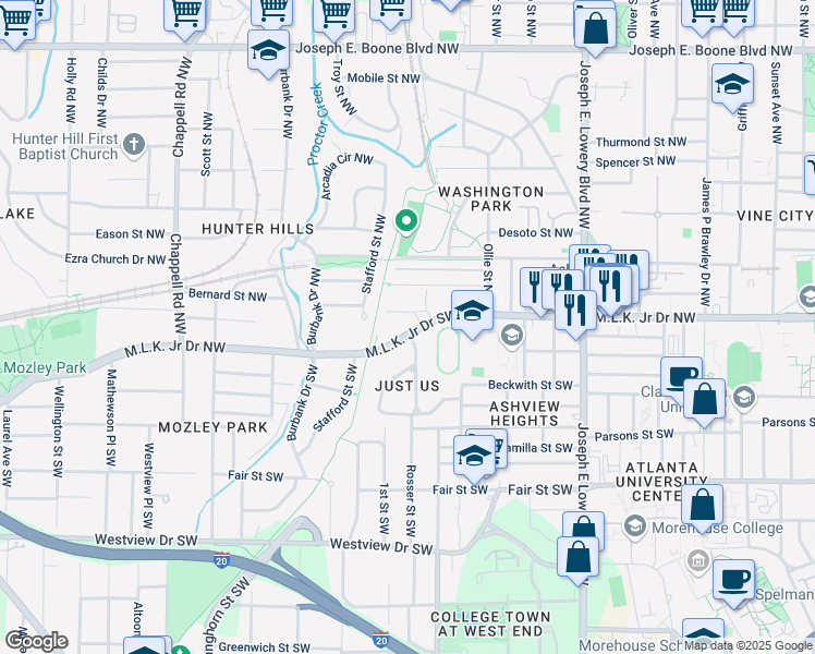 map of restaurants, bars, coffee shops, grocery stores, and more near 1115 Martin Luther King Junior Drive Northwest in Atlanta