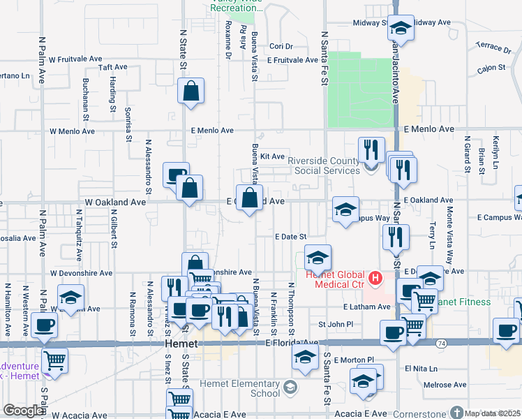 map of restaurants, bars, coffee shops, grocery stores, and more near 454 North Buena Vista Street in Hemet