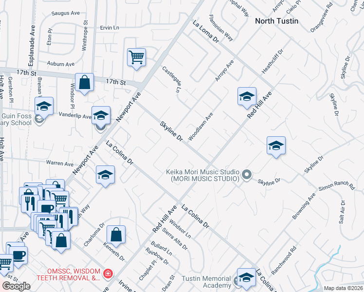 map of restaurants, bars, coffee shops, grocery stores, and more near 1362 Skyline Drive in North Tustin